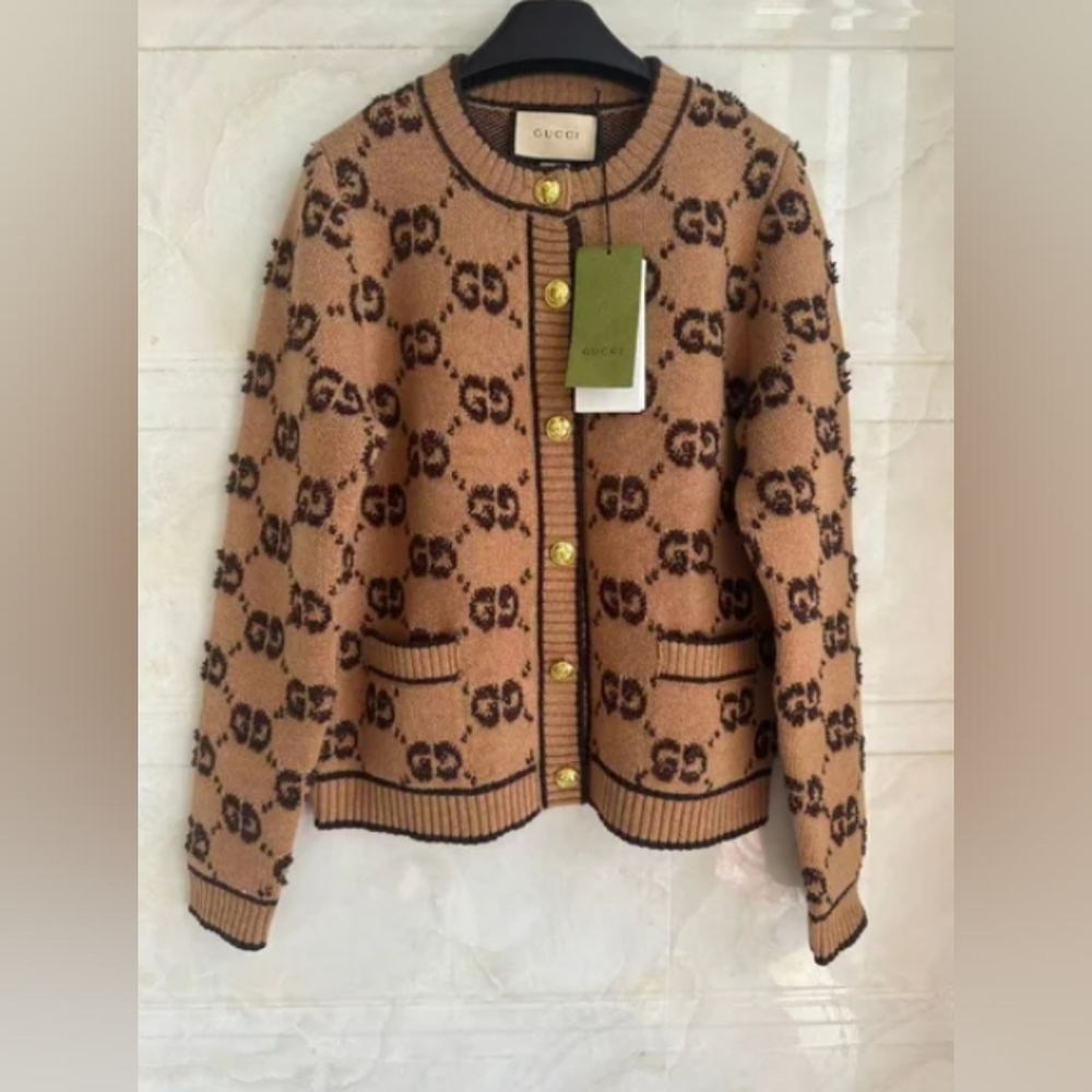 Gucci Tan & Dark Brown GG Knit Cardigan with Gold Buttons